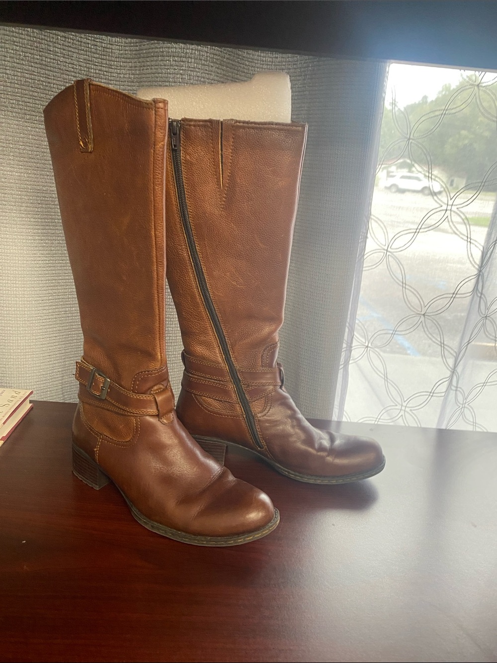 boc Chestnut Brown Leather Mid-Calf Zip Heeled Riding Boots